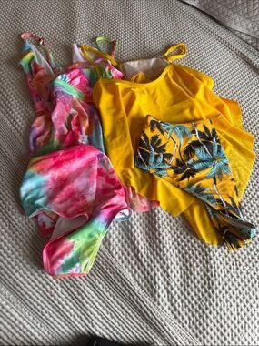 Bright Yellow Tropical & Rainbow Tie-Dye Swimsuit Sets
